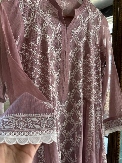 Dusty Rose Shade | Tissue Silk Chikankari Work Kalidaar Kurta Dupatta Set