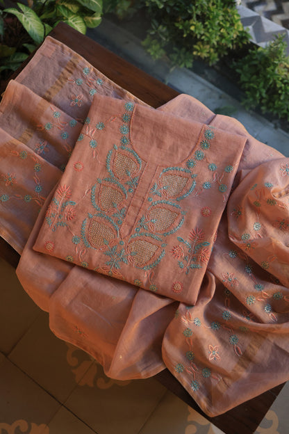 Dusty Rose Tissue Silk Chikankari Unstitched Fabric
