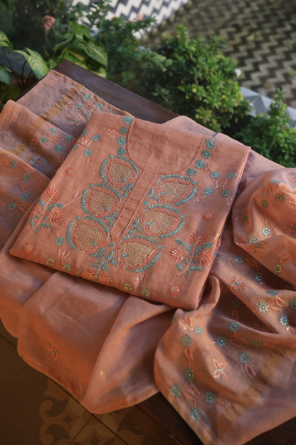 Dusty Rose Tissue Silk Chikankari Unstitched Fabric