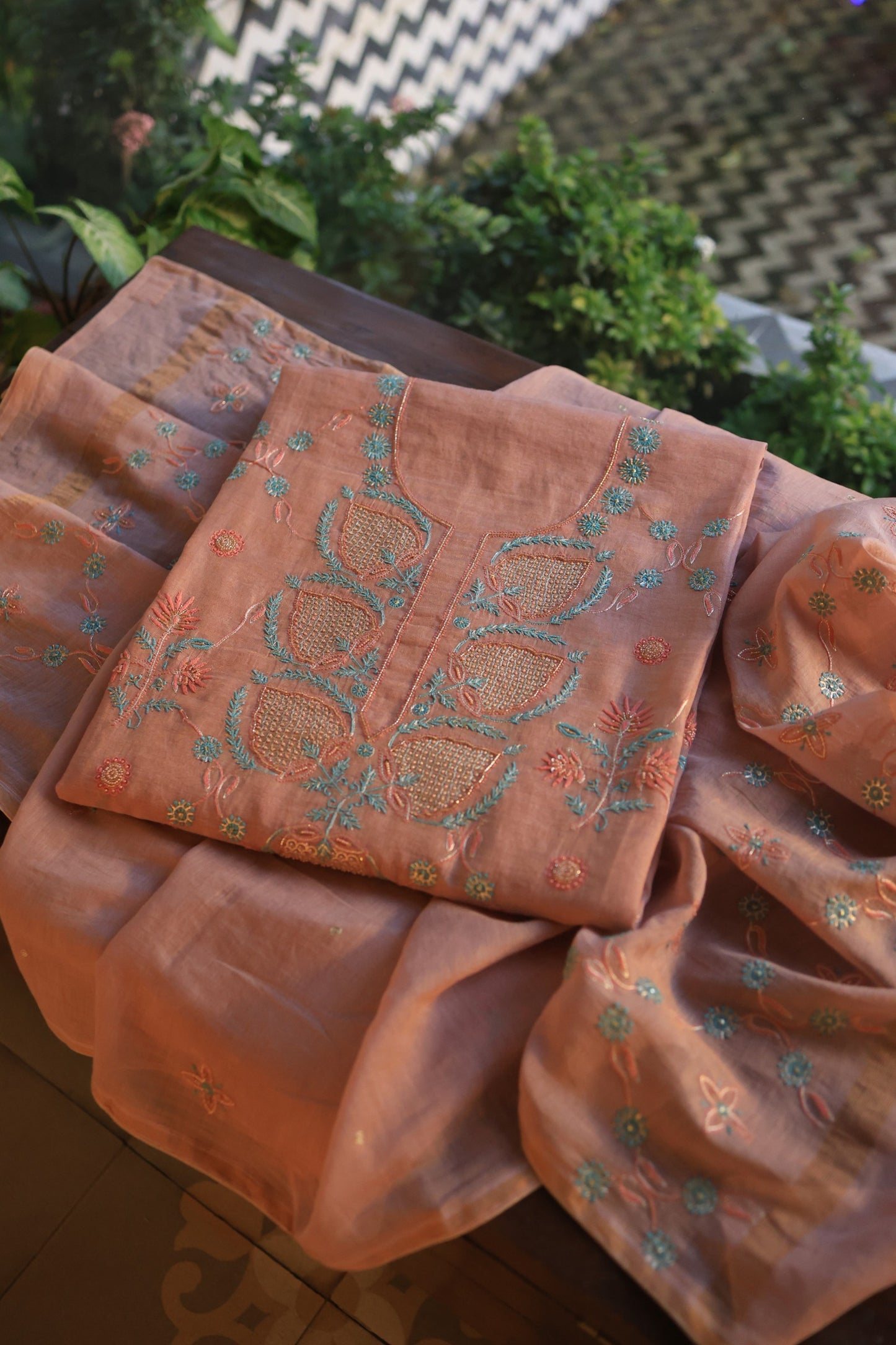 Dusty Rose Tissue Silk Chikankari Unstitched Fabric