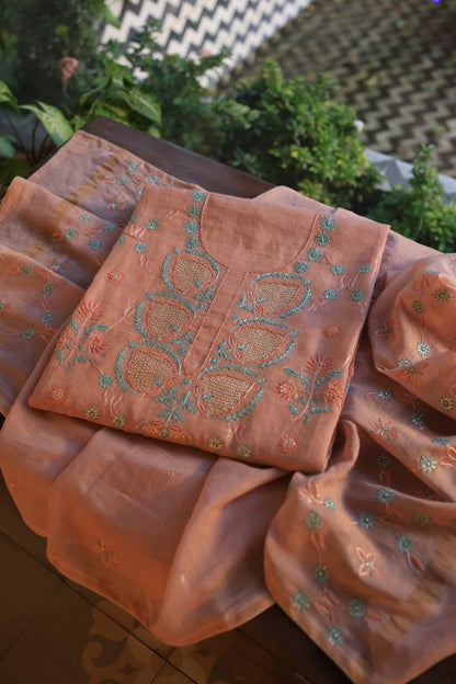 Dusty Rose Tissue Silk Chikankari Unstitched Fabric