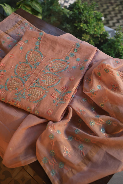 Dusty Rose Tissue Silk Chikankari Unstitched Fabric