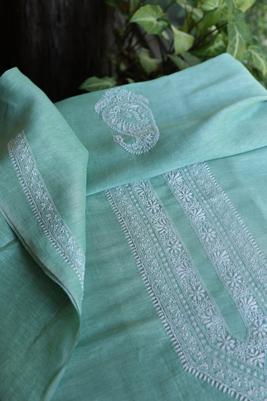 Dusty Teal Linen Chikankari Unstitched Men's Kurtas Fabric