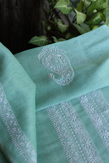 Dusty Teal Linen Chikankari Unstitched Men's Kurtas Fabric