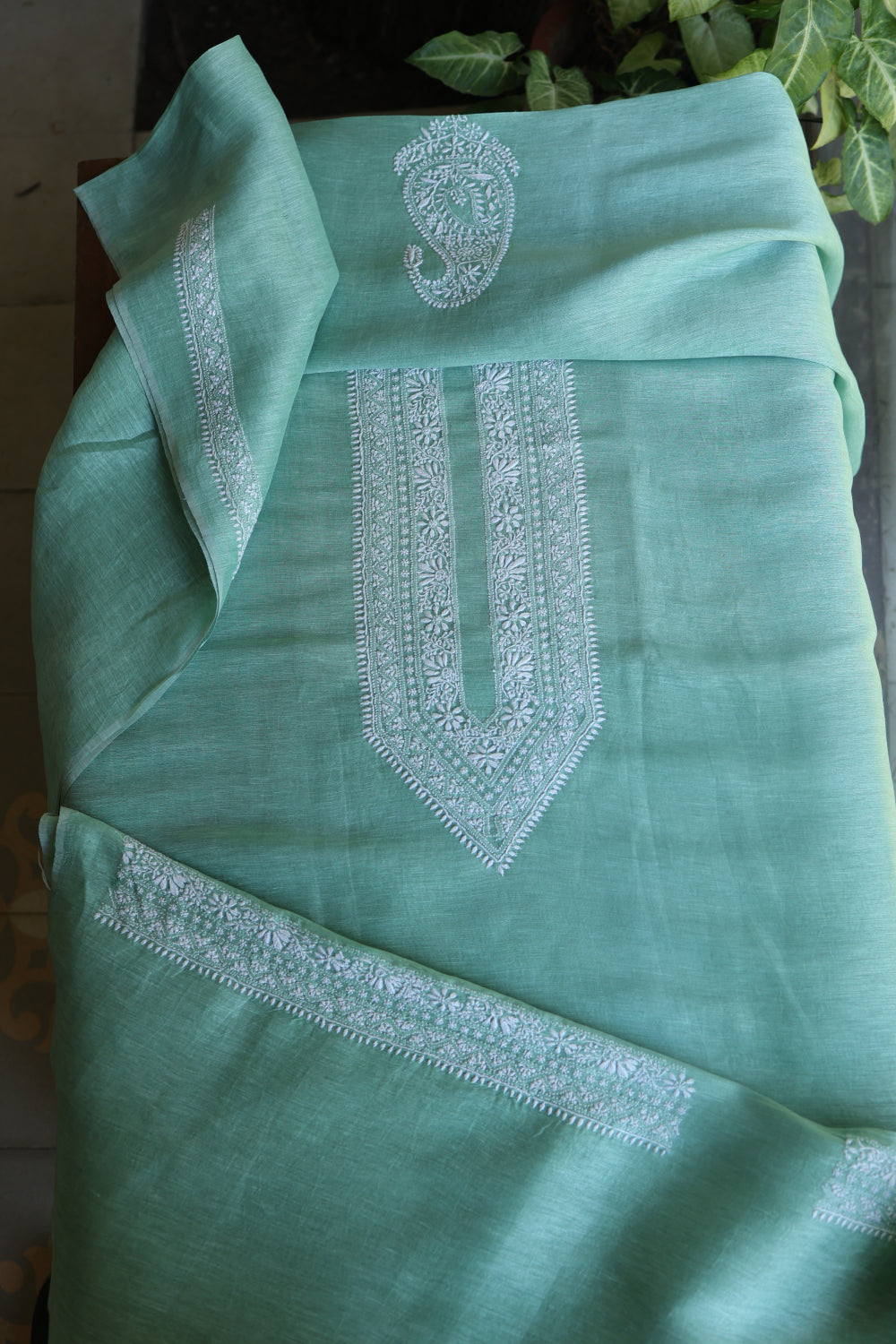 Dusty Teal Linen Chikankari Unstitched Men's Kurtas Fabric