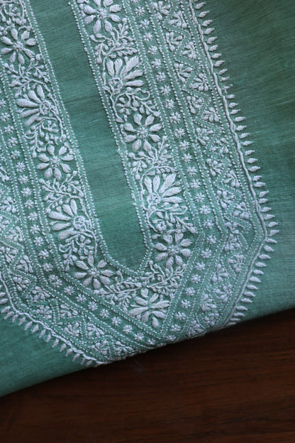 Dusty Teal Linen Chikankari Unstitched Men's Kurtas Fabric