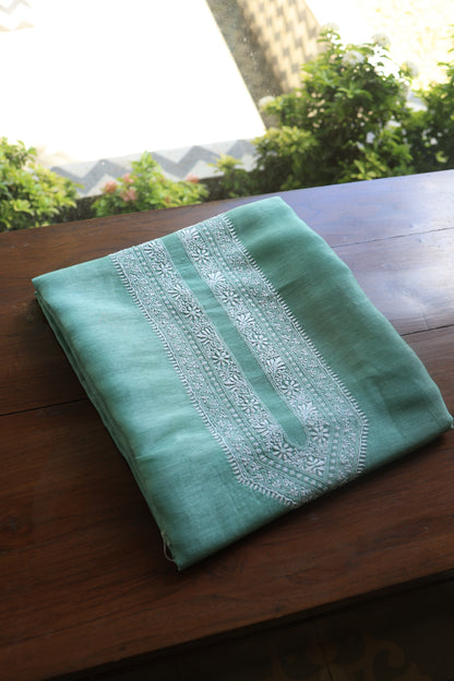 Dusty Teal Linen Chikankari Unstitched Men's Kurtas Fabric