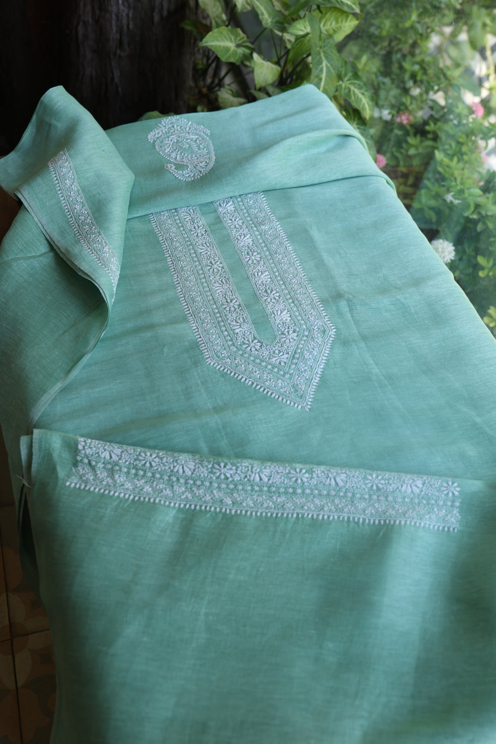Dusty Teal Linen Chikankari Unstitched Men's Kurtas Fabric