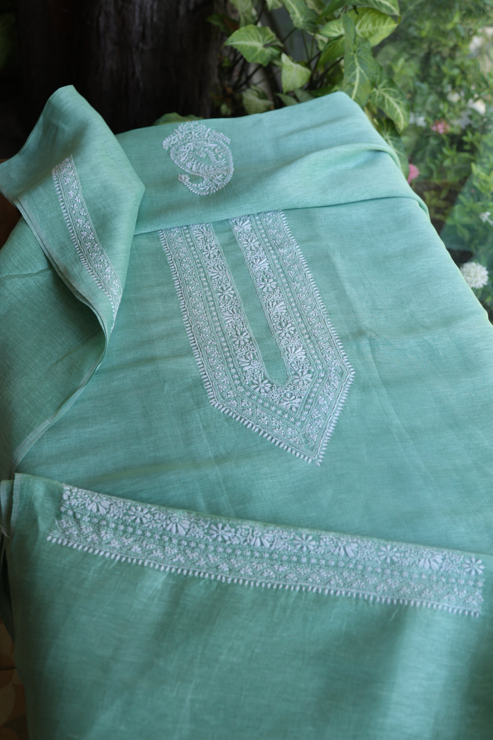 Dusty Teal Linen Chikankari Unstitched Men's Kurtas Fabric