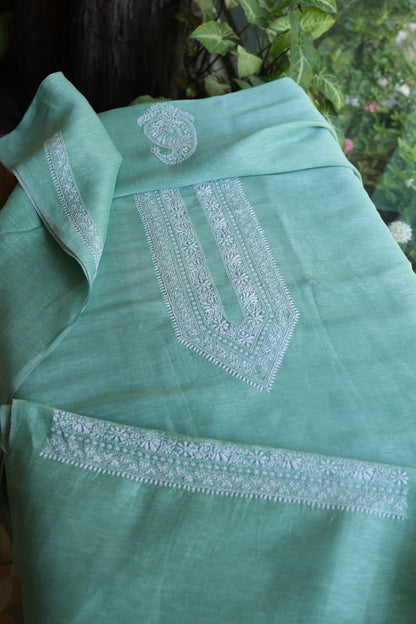 Dusty Teal Linen Chikankari Unstitched Men's Kurtas Fabric
