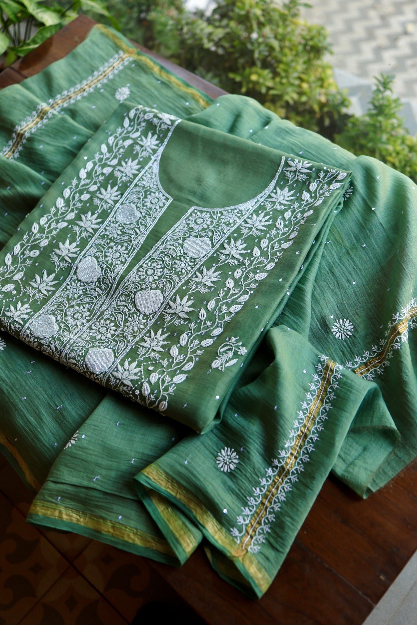 Dusty Teal Pearl Work Chikankari Unstitched Fabric