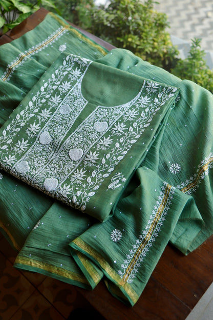 Dusty Teal Pearl Work Chikankari Unstitched Fabric