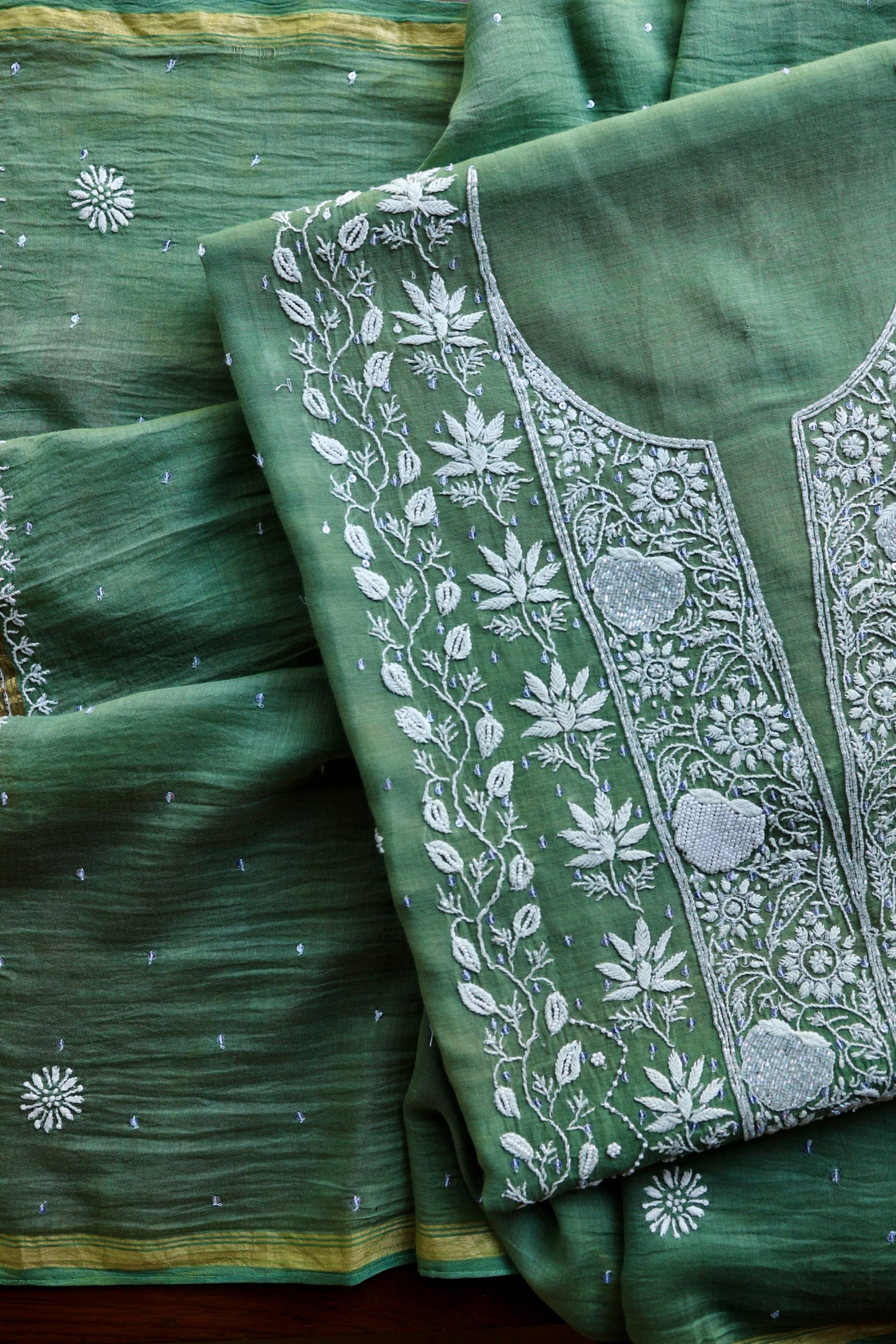 Dusty Teal Pearl Work Chikankari Unstitched Fabric