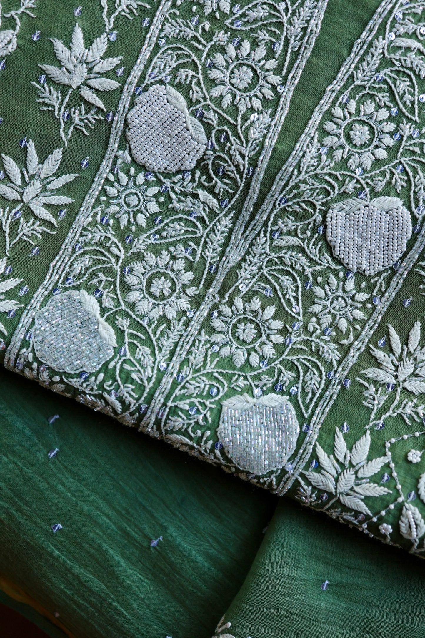 Dusty Teal Pearl Work Chikankari Unstitched Fabric