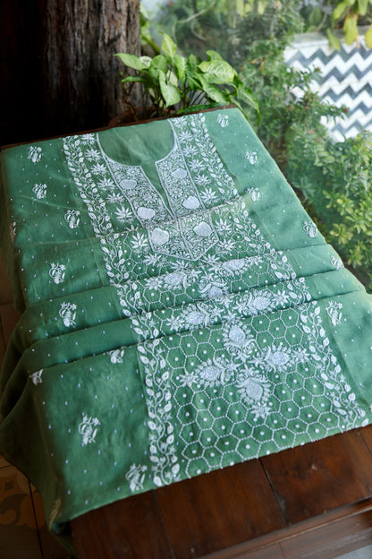 Dusty Teal Pearl Work Chikankari Unstitched Fabric