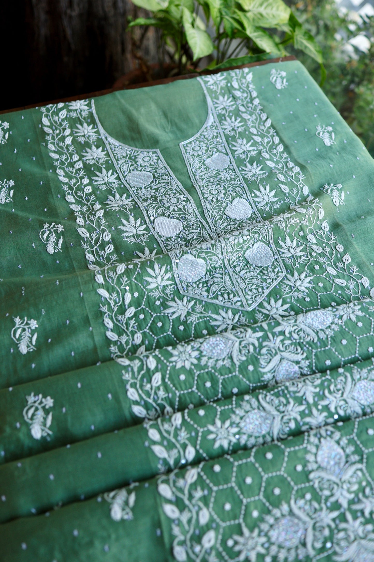 Dusty Teal Pearl Work Chikankari Unstitched Fabric