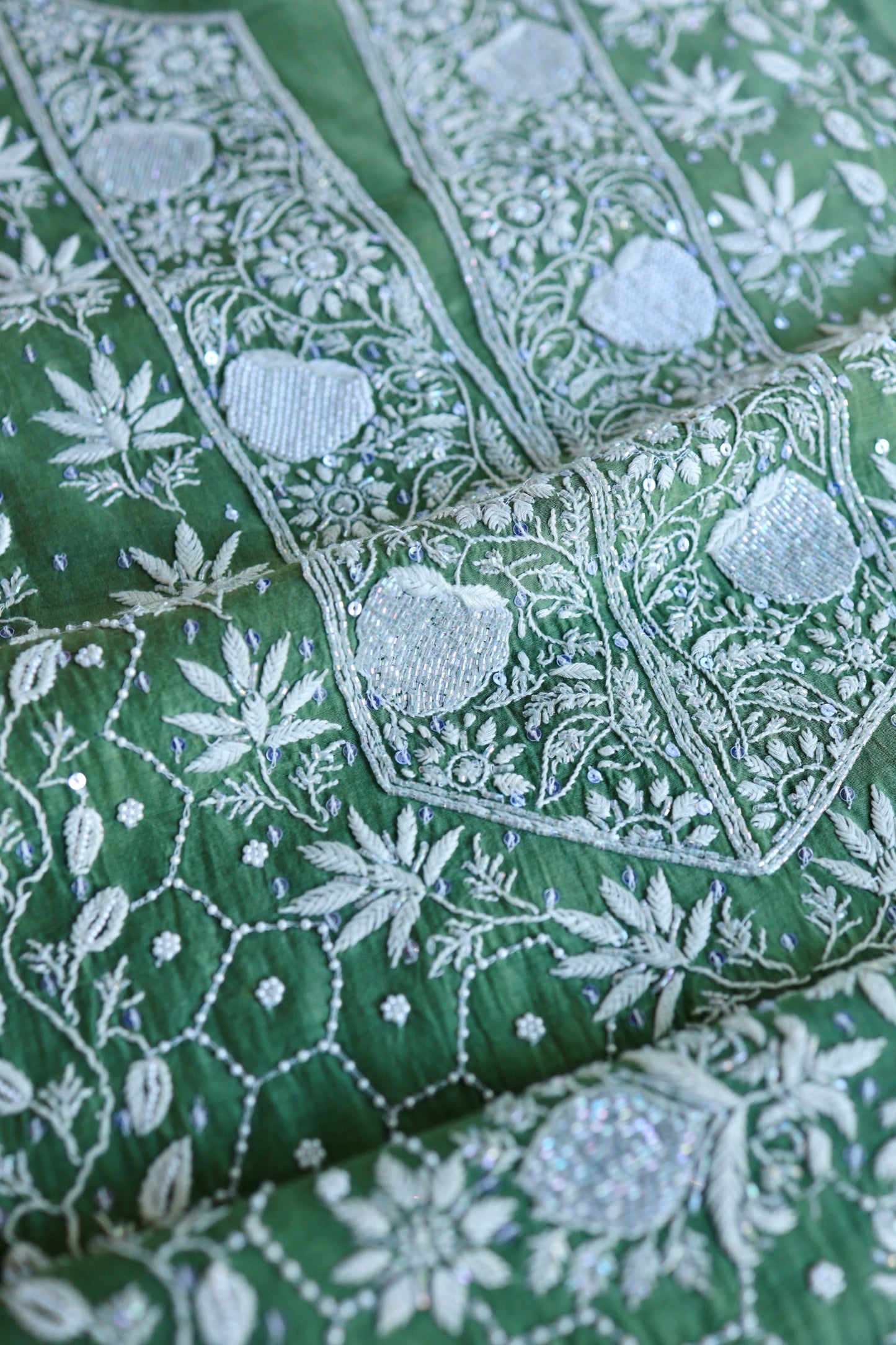 Dusty Teal Pearl Work Chikankari Unstitched Fabric