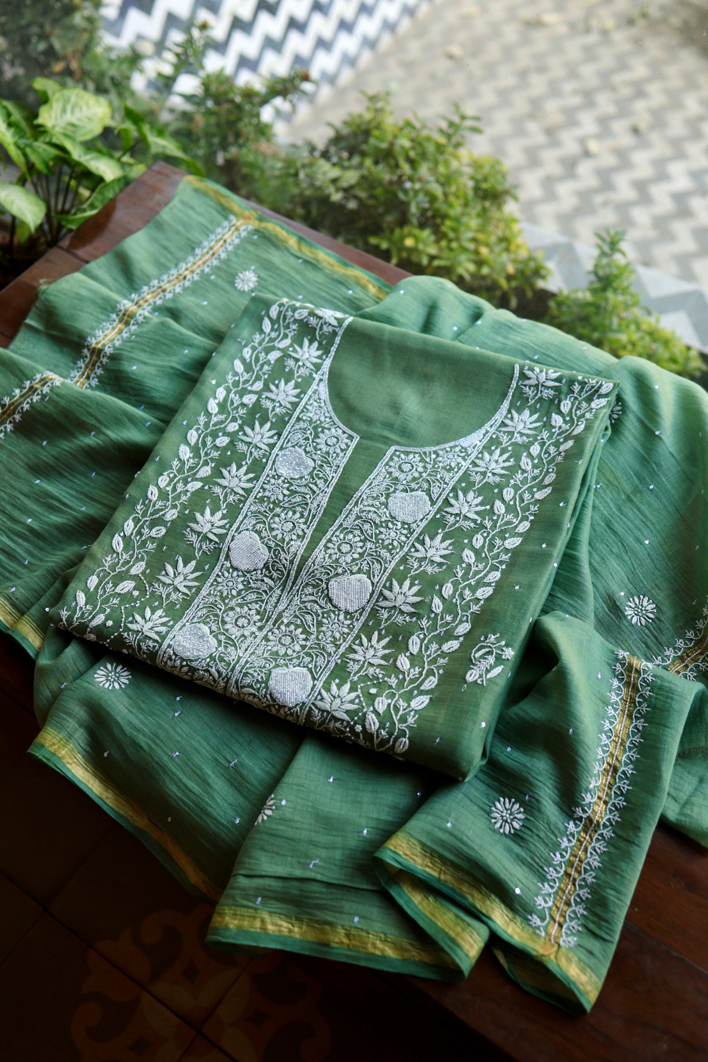 Dusty Teal Pearl Work Chikankari Unstitched Fabric