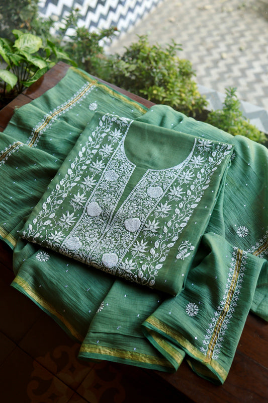 Dusty Teal Pearl Work Chikankari Unstitched Fabric