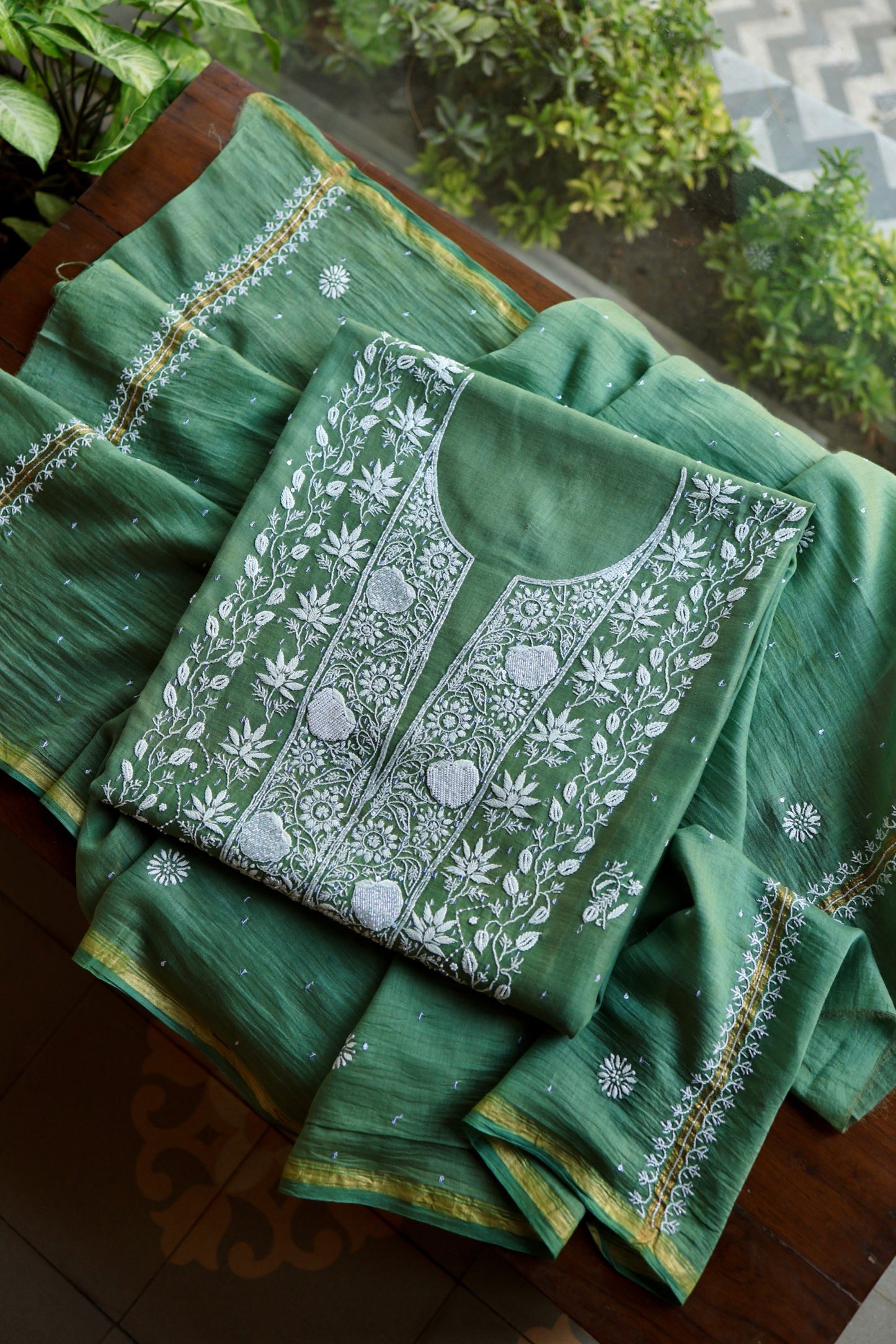 Dusty Teal Pearl Work Chikankari Unstitched Fabric