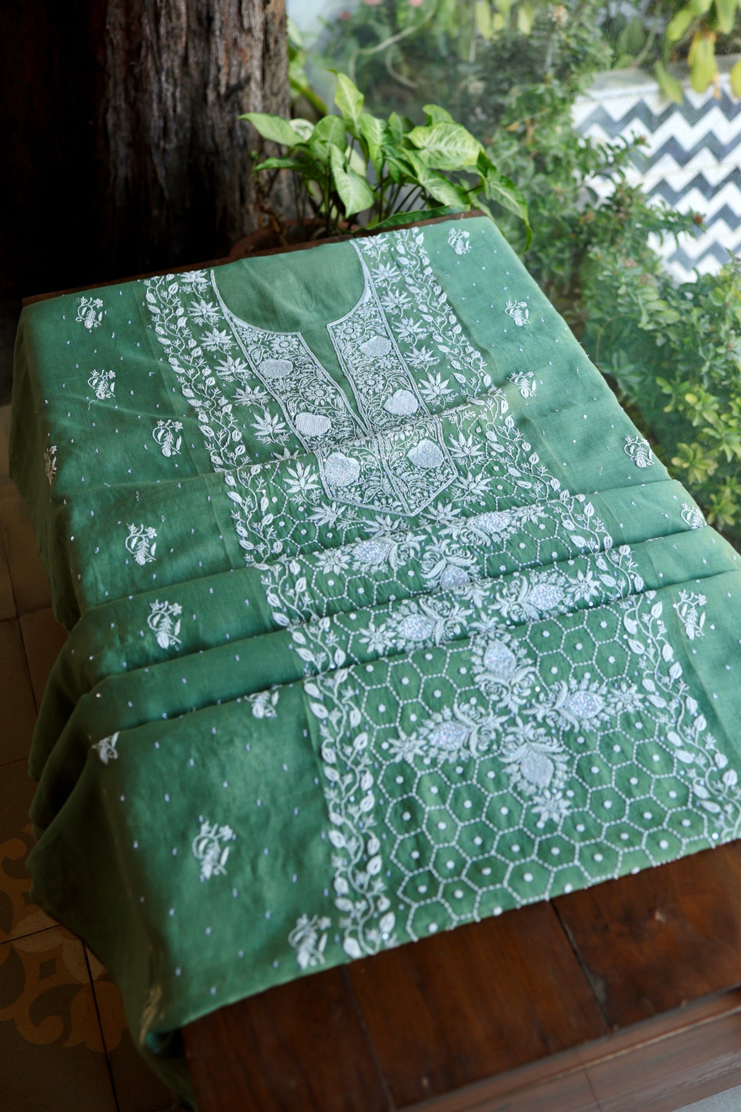 Dusty Teal Pearl Work Chikankari Unstitched Fabric