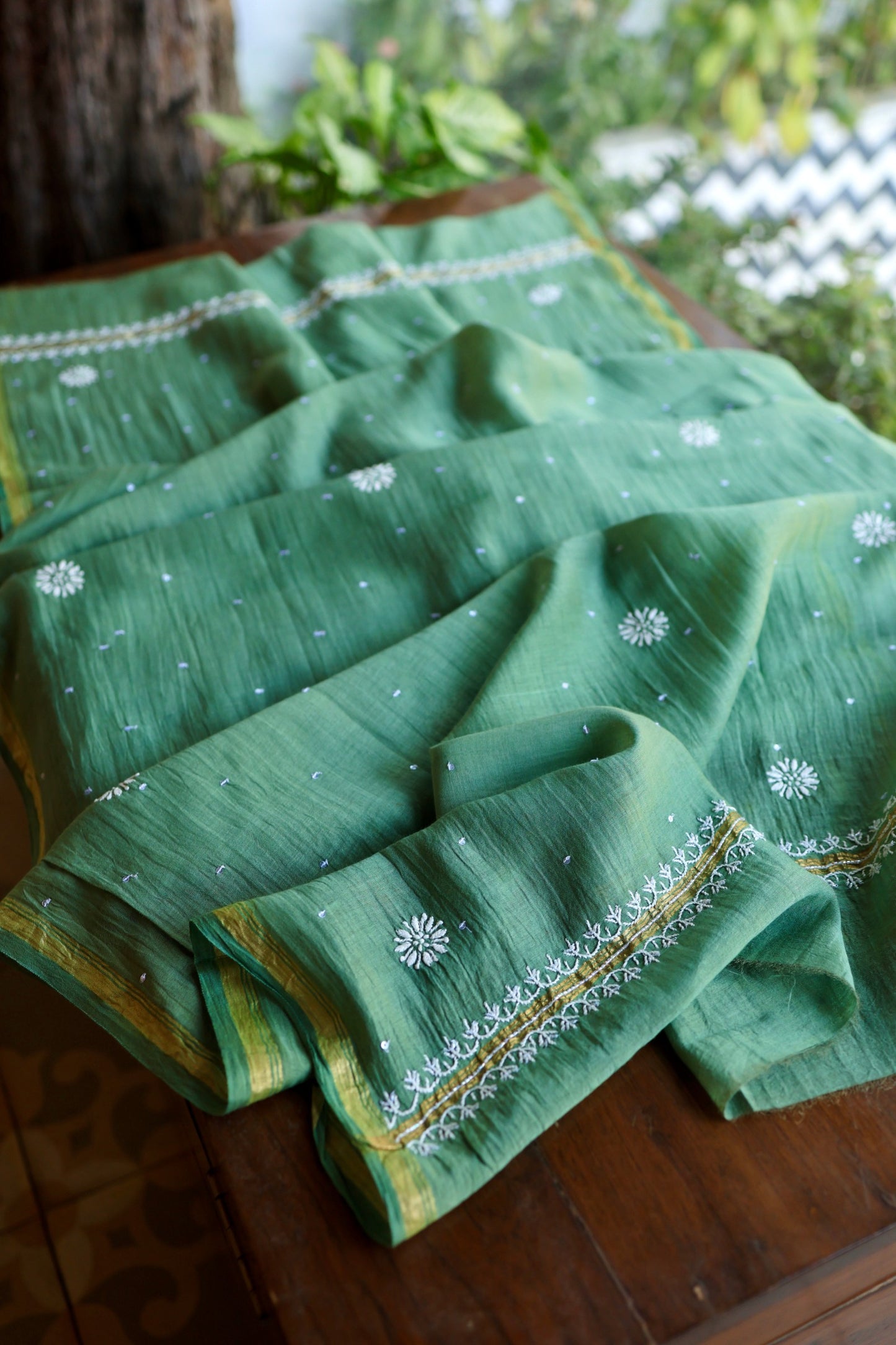 Dusty Teal Pearl Work Chikankari Unstitched Fabric