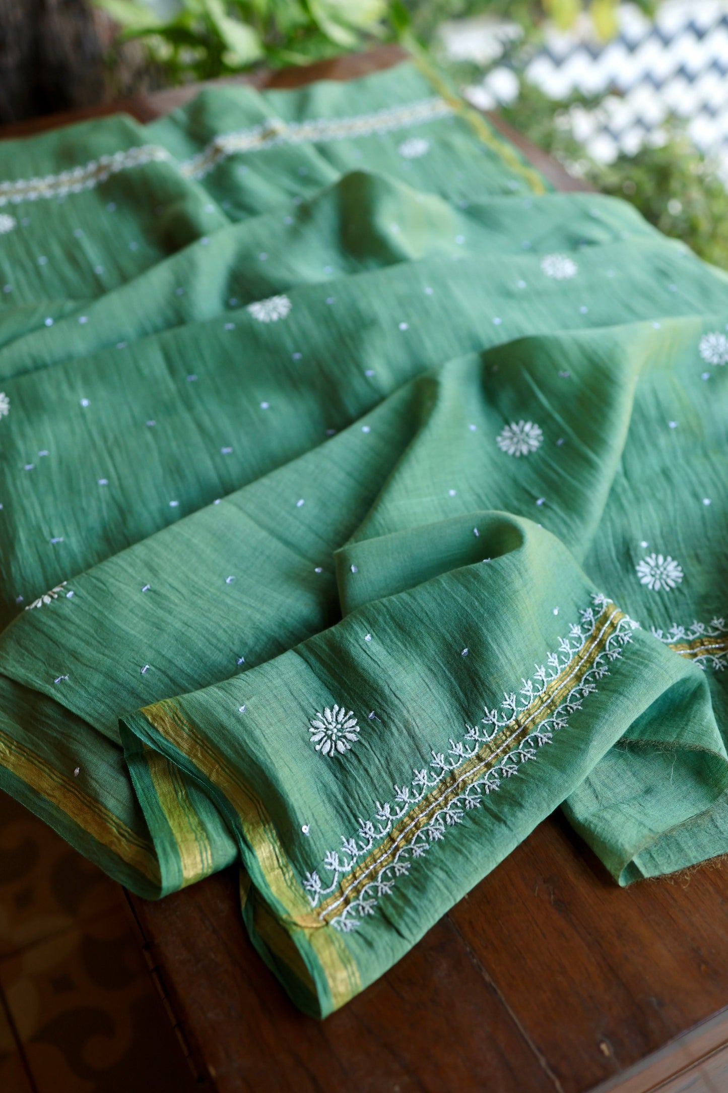 Dusty Teal Pearl Work Chikankari Unstitched Fabric