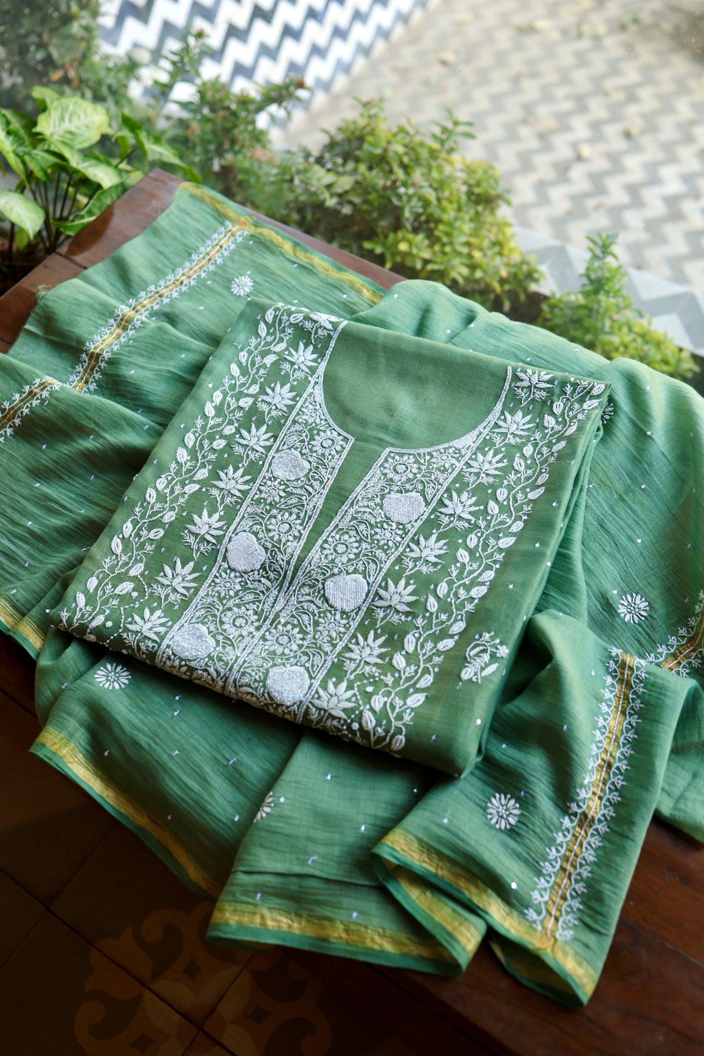 Dusty Teal Pearl Work Chikankari Unstitched Fabric