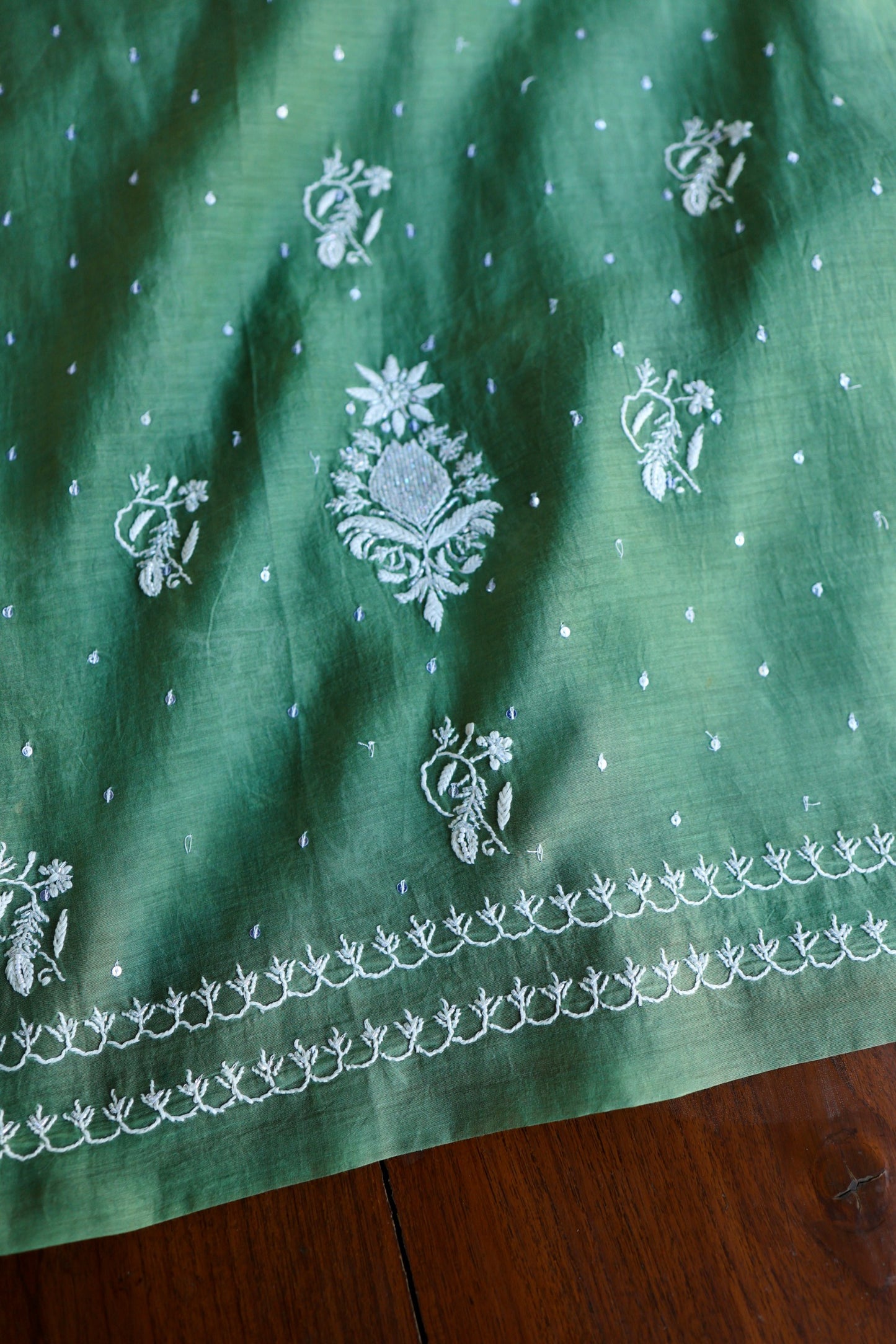 Dusty Teal Pearl Work Chikankari Unstitched Fabric