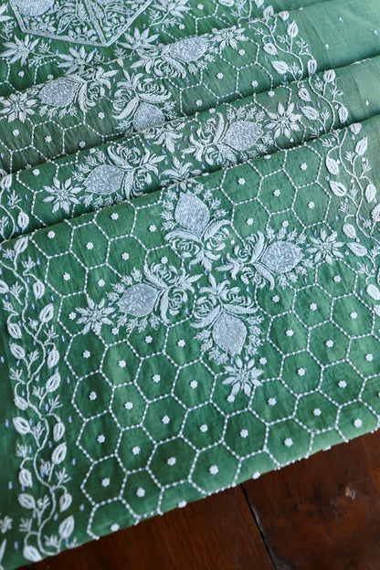 Dusty Teal Pearl Work Chikankari Unstitched Fabric