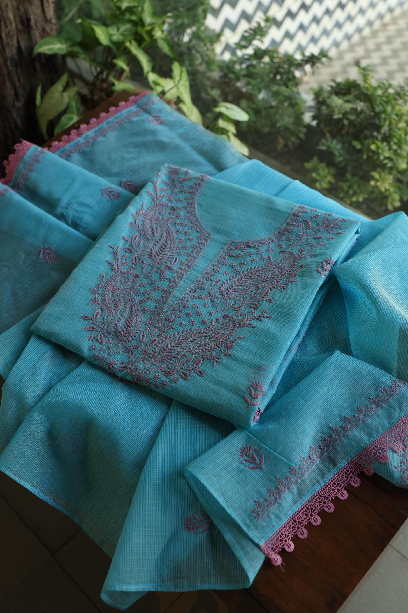 Dusty Teal Shade Kota Chikankari Unstitched Fabrics