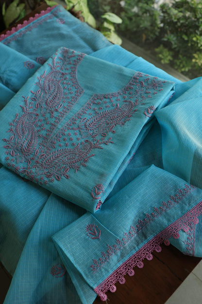 Dusty Teal Shade Kota Chikankari Unstitched Fabrics