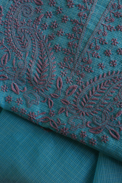 Dusty Teal Shade Kota Chikankari Unstitched Fabrics