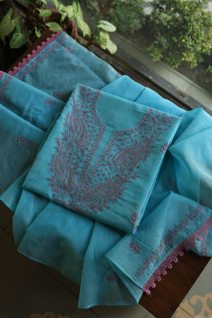 Dusty Teal Shade Kota Chikankari Unstitched Fabrics