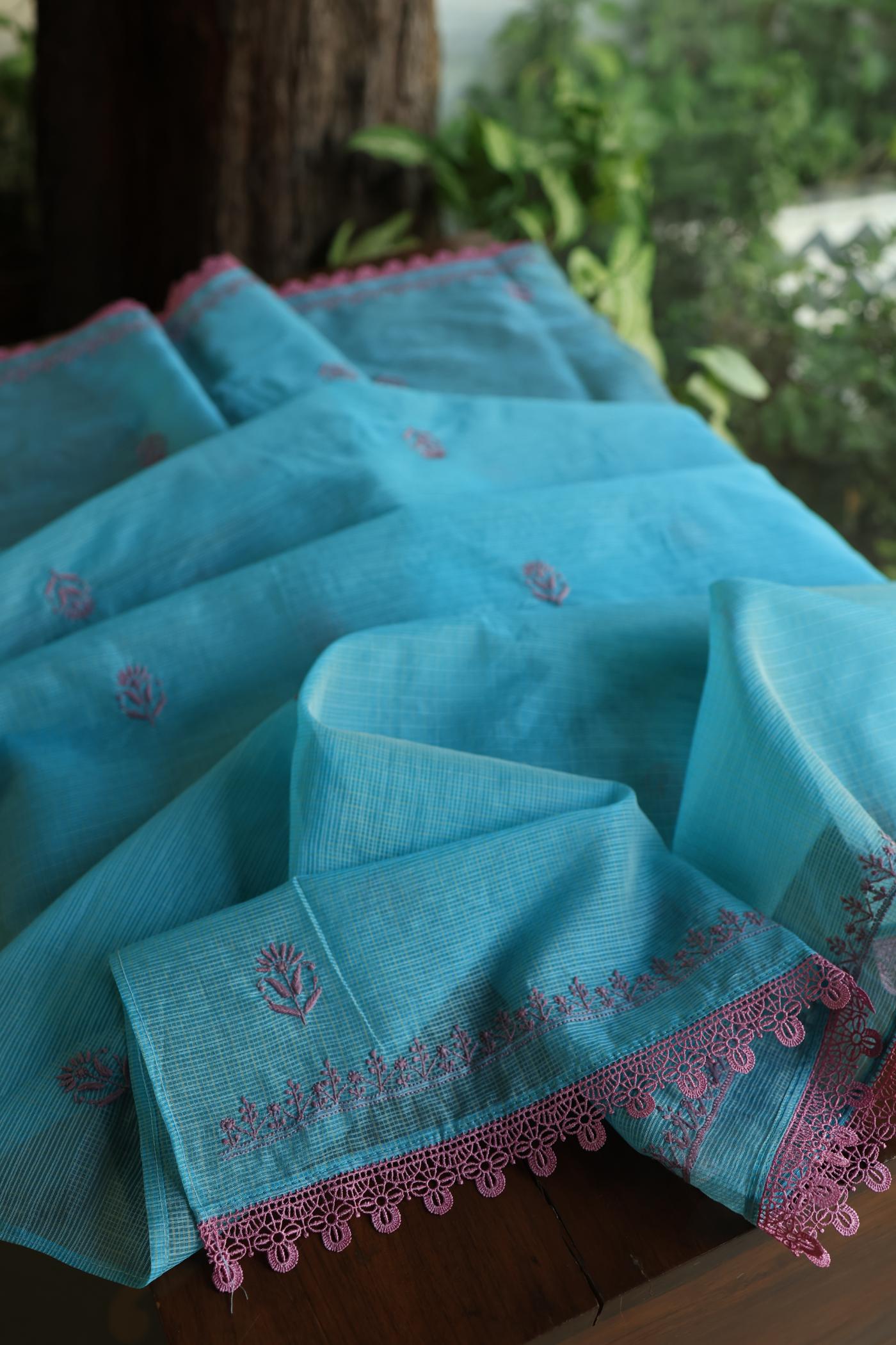 Dusty Teal Shade Kota Chikankari Unstitched Fabrics