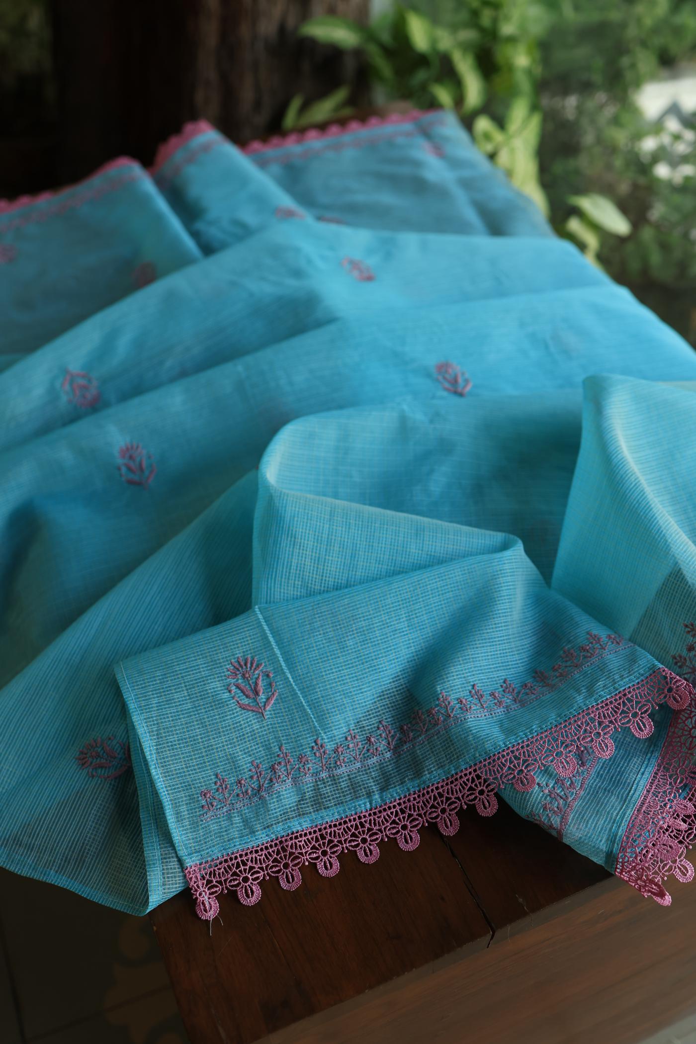 Dusty Teal Shade Kota Chikankari Unstitched Fabrics