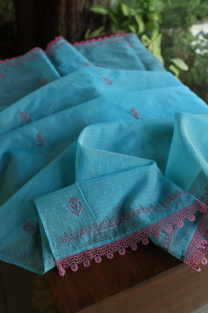 Dusty Teal Shade Kota Chikankari Unstitched Fabrics