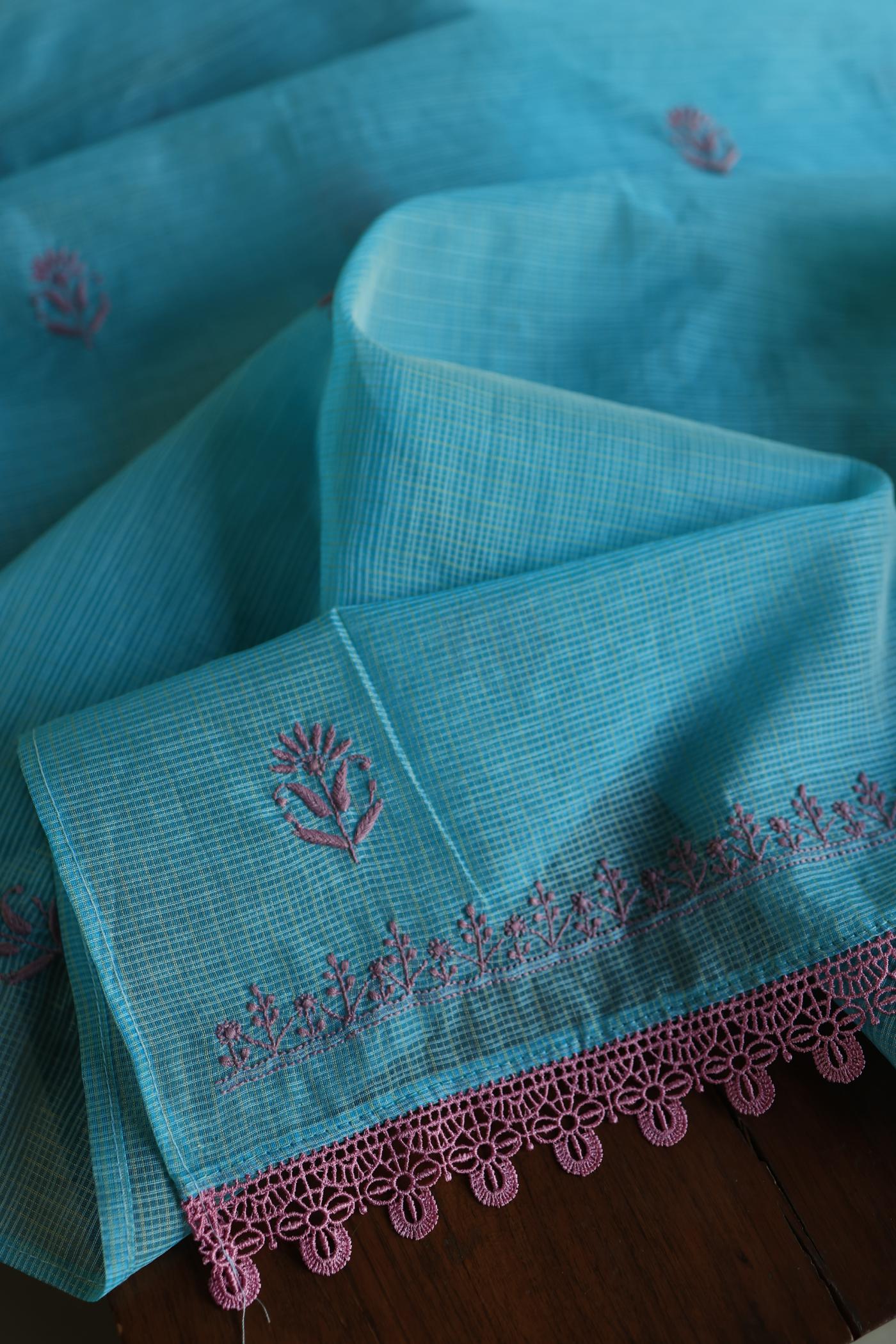 Dusty Teal Shade Kota Chikankari Unstitched Fabrics