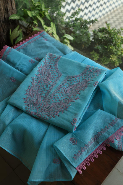 Dusty Teal Shade Kota Chikankari Unstitched Fabrics