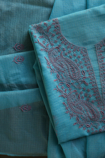 Dusty Teal Shade Kota Chikankari Unstitched Fabrics
