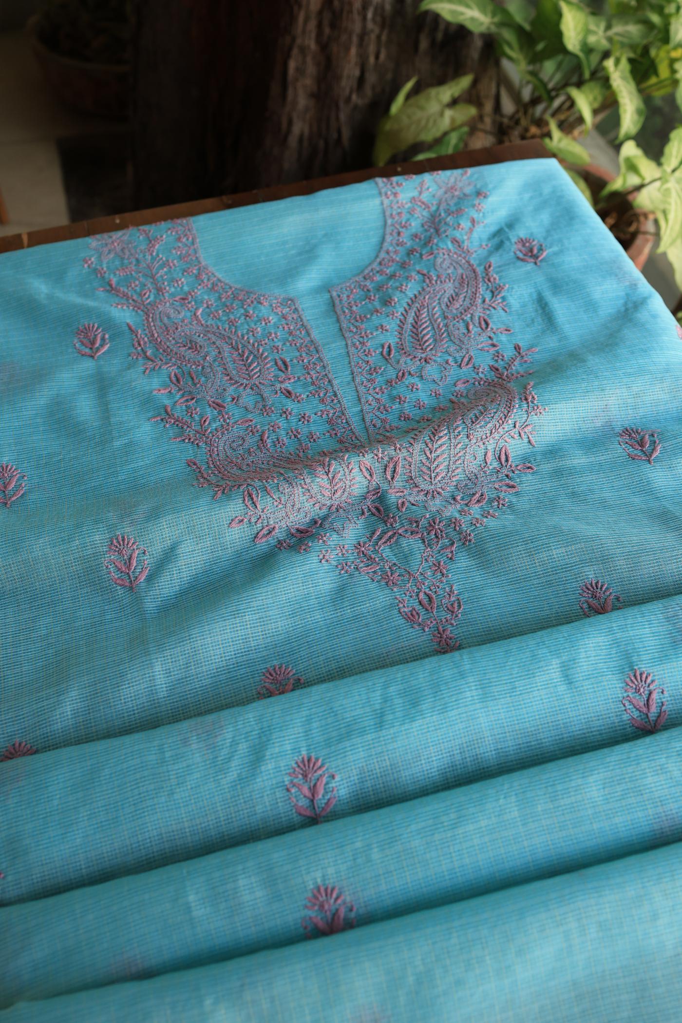 Dusty Teal Shade Kota Chikankari Unstitched Fabrics