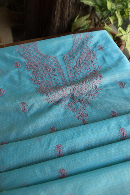 Dusty Teal Shade Kota Chikankari Unstitched Fabrics