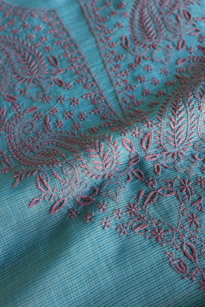 Dusty Teal Shade Kota Chikankari Unstitched Fabrics