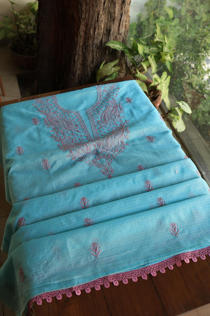 Dusty Teal Shade Kota Chikankari Unstitched Fabrics