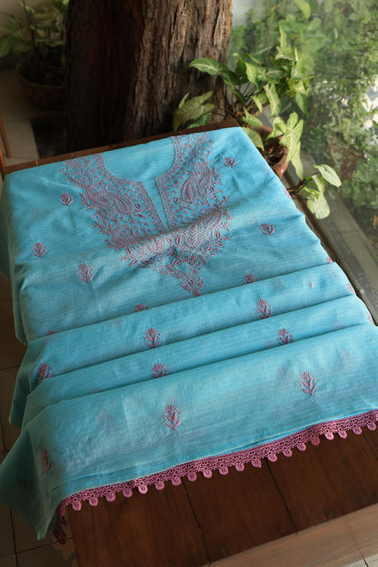 Dusty Teal Shade Kota Chikankari Unstitched Fabrics