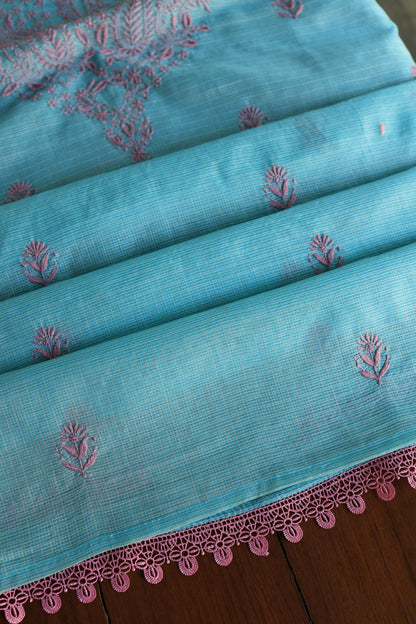 Dusty Teal Shade Kota Chikankari Unstitched Fabrics