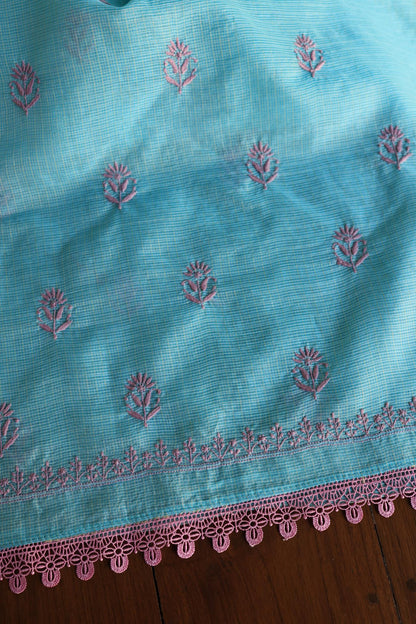 Dusty Teal Shade Kota Chikankari Unstitched Fabrics