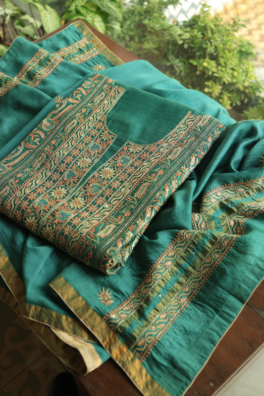 Dusty Teal Shade Moonga Silk Chikankari Unstitched Fabric