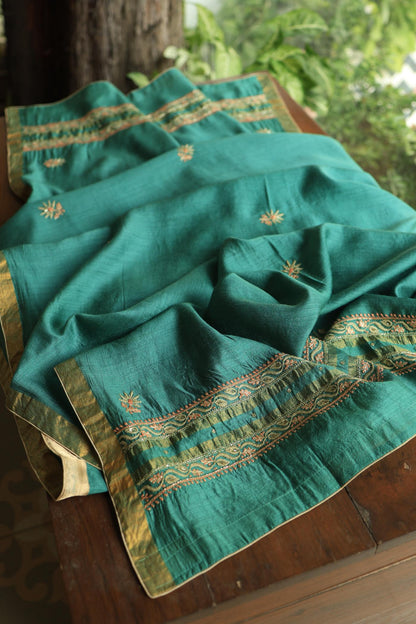 Dusty Teal Shade Moonga Silk Chikankari Unstitched Fabric
