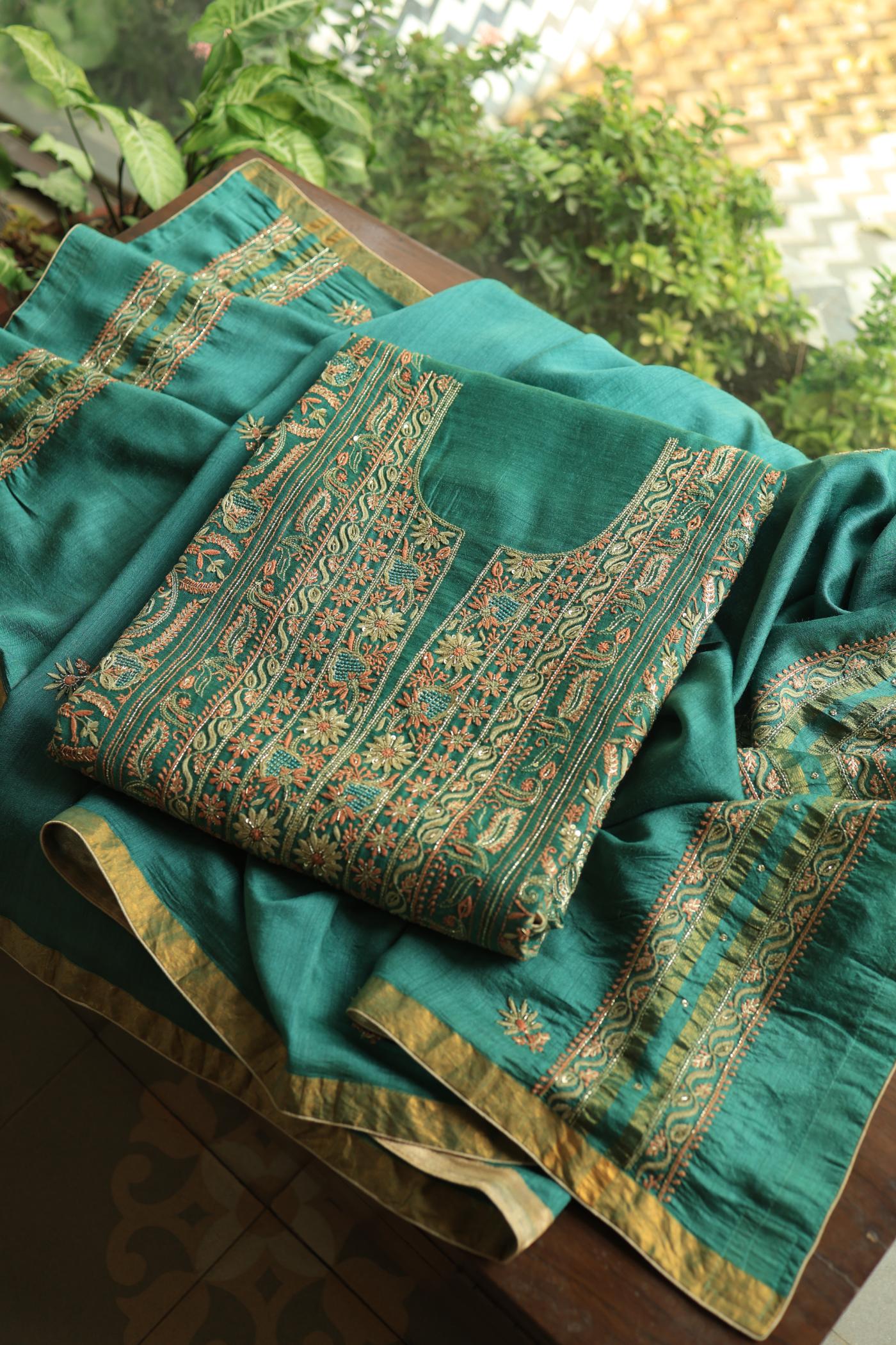Dusty Teal Shade Moonga Silk Chikankari Unstitched Fabric